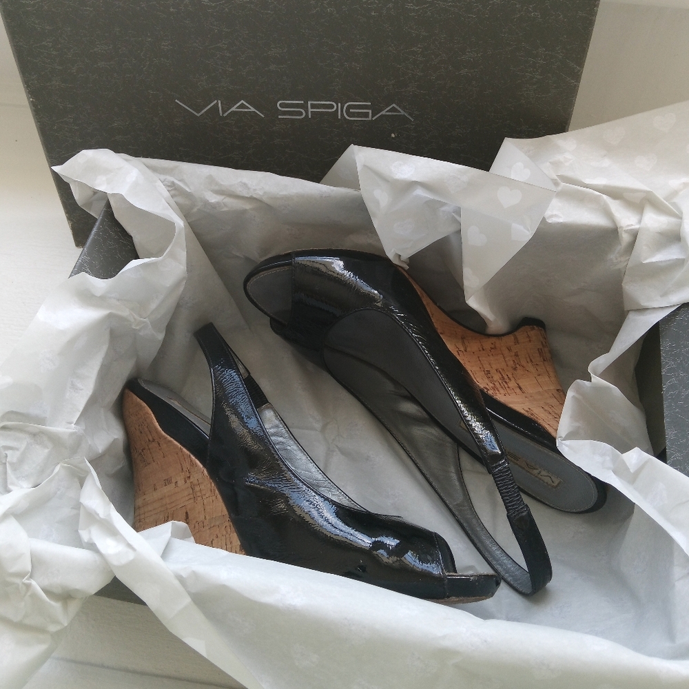 Via Spiga Black Patent Peep Toe Cork Wedges Size 5.5 4.75" heel - Picture 7 of 8
